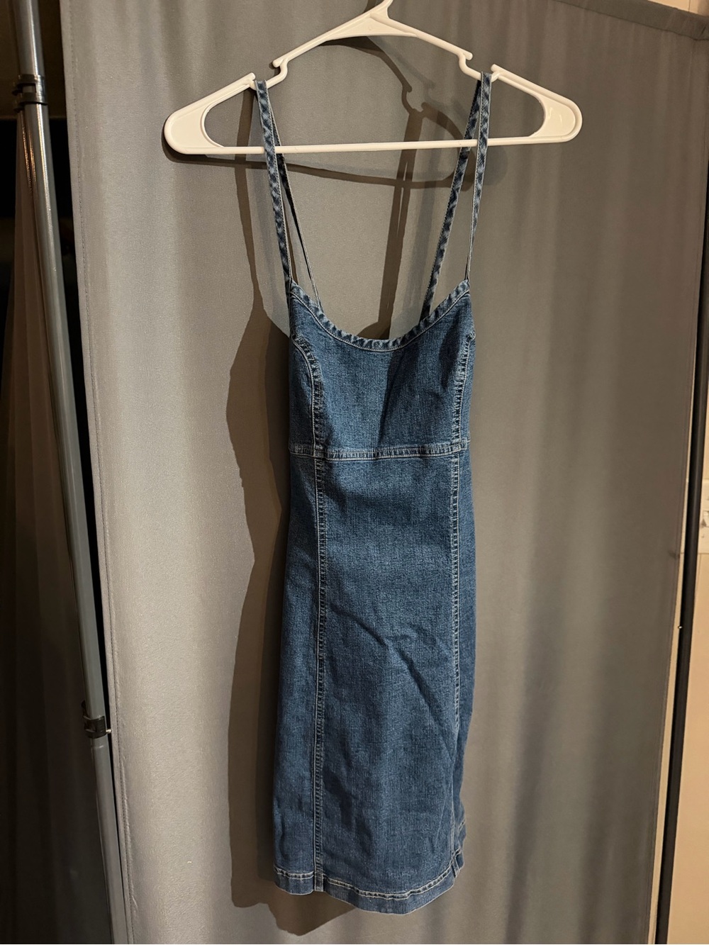 Guess Blue Denim Midi Slip Dress with Spaghetti Straps